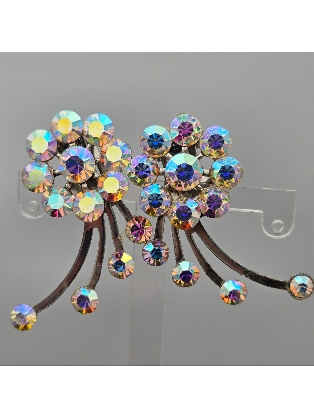 Aurora Borealis AB Rhinestone Clip-On Earrings Vintage Starburst Style